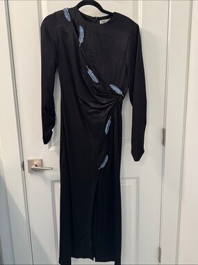 Zara Black Long Sleeve Midi Dress with Light Blue Embroidery